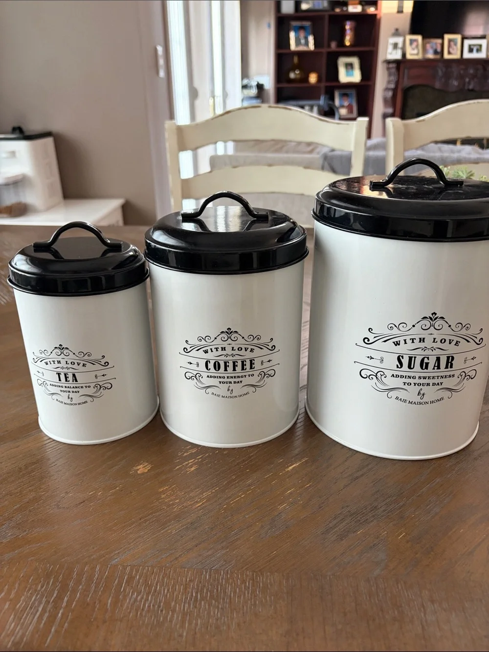 Three-Piece White & Black Tea, Coffee, Sugar Canister Set